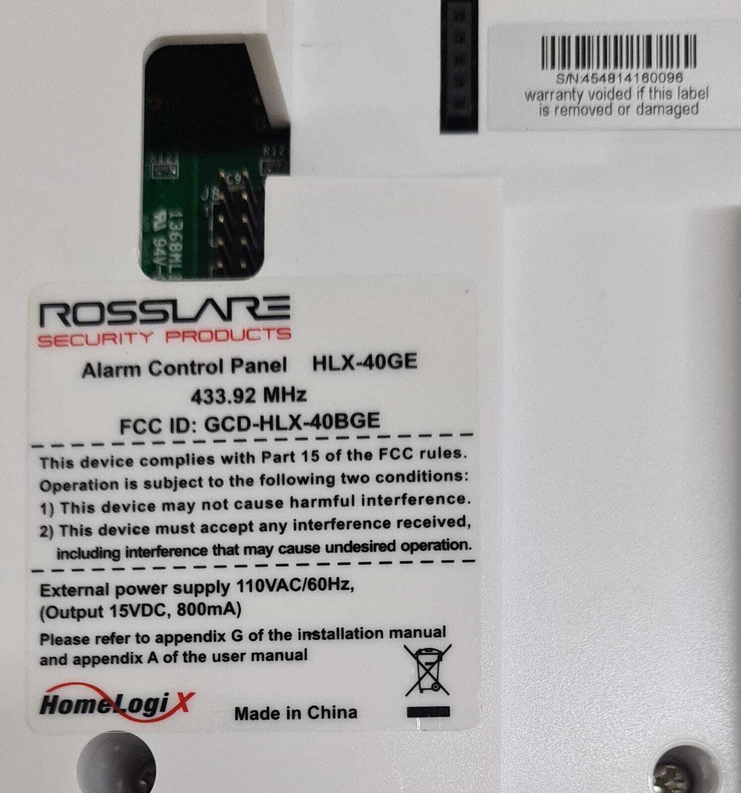 ROSSLARE SECURITY HOME LOGIX HLX40 Advanced Wireless Alarm Panel HLX-40GE