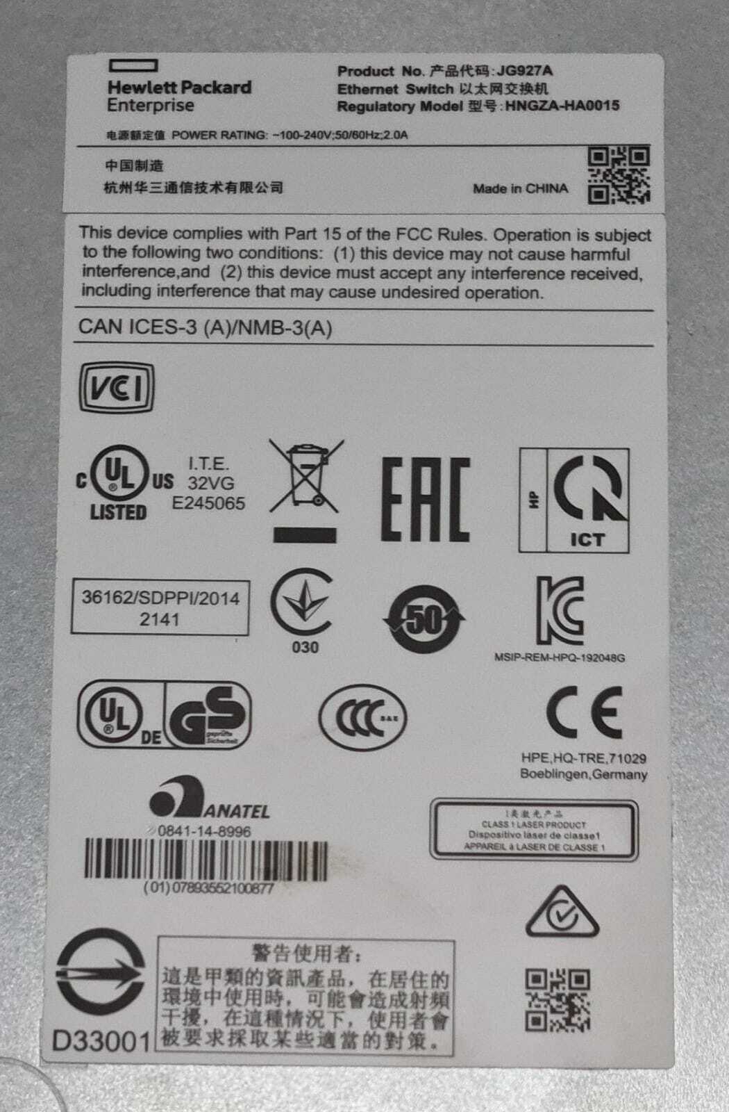 HP / HPE OfficeConnect Switch 1920 48G Port JG927A Network SFP Receiver