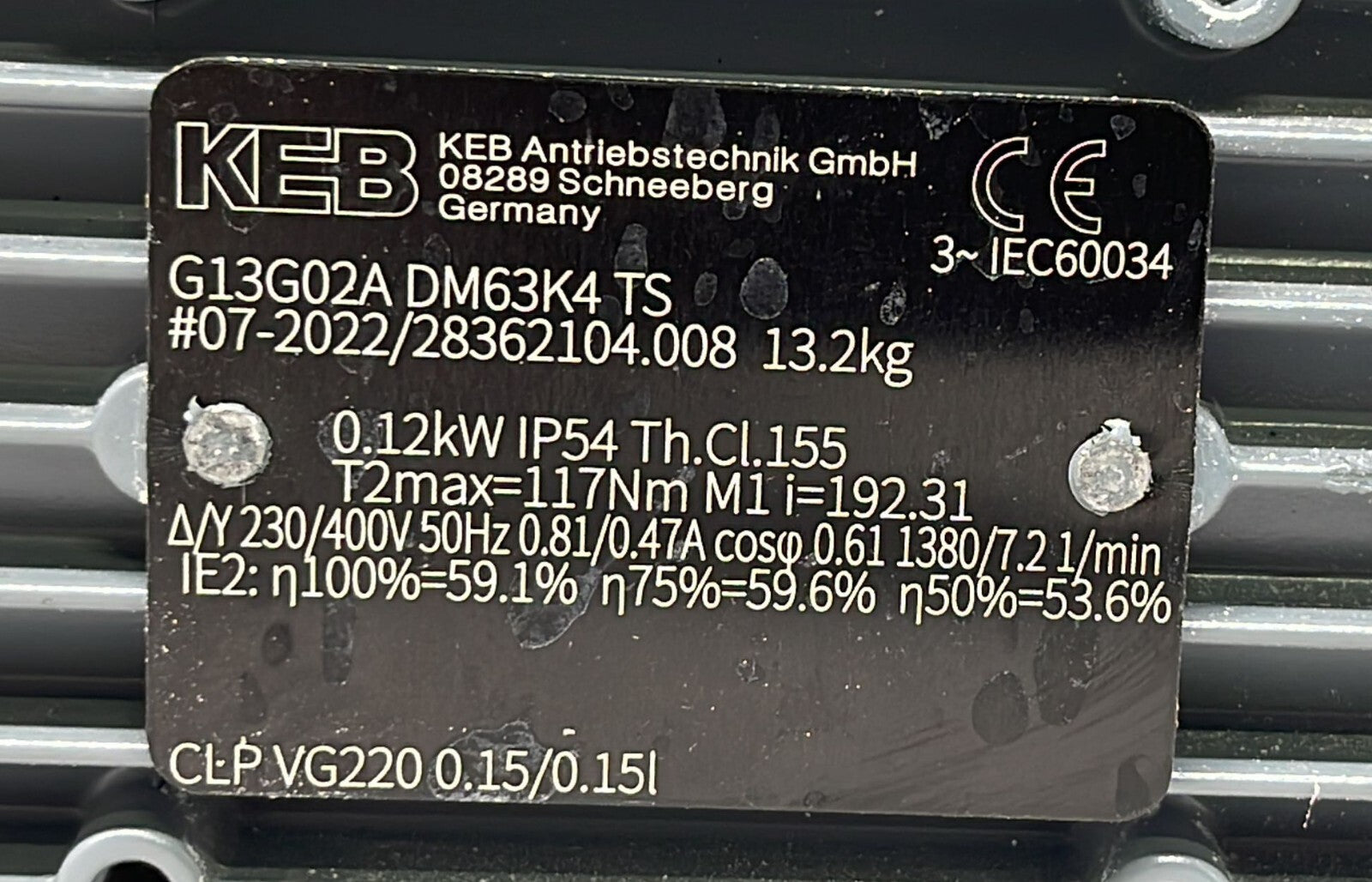 KEB G13G02A DM63K4 TS Gear Motor 07-2022/ 28362104.008 CLP VG220 0.15/0.15I