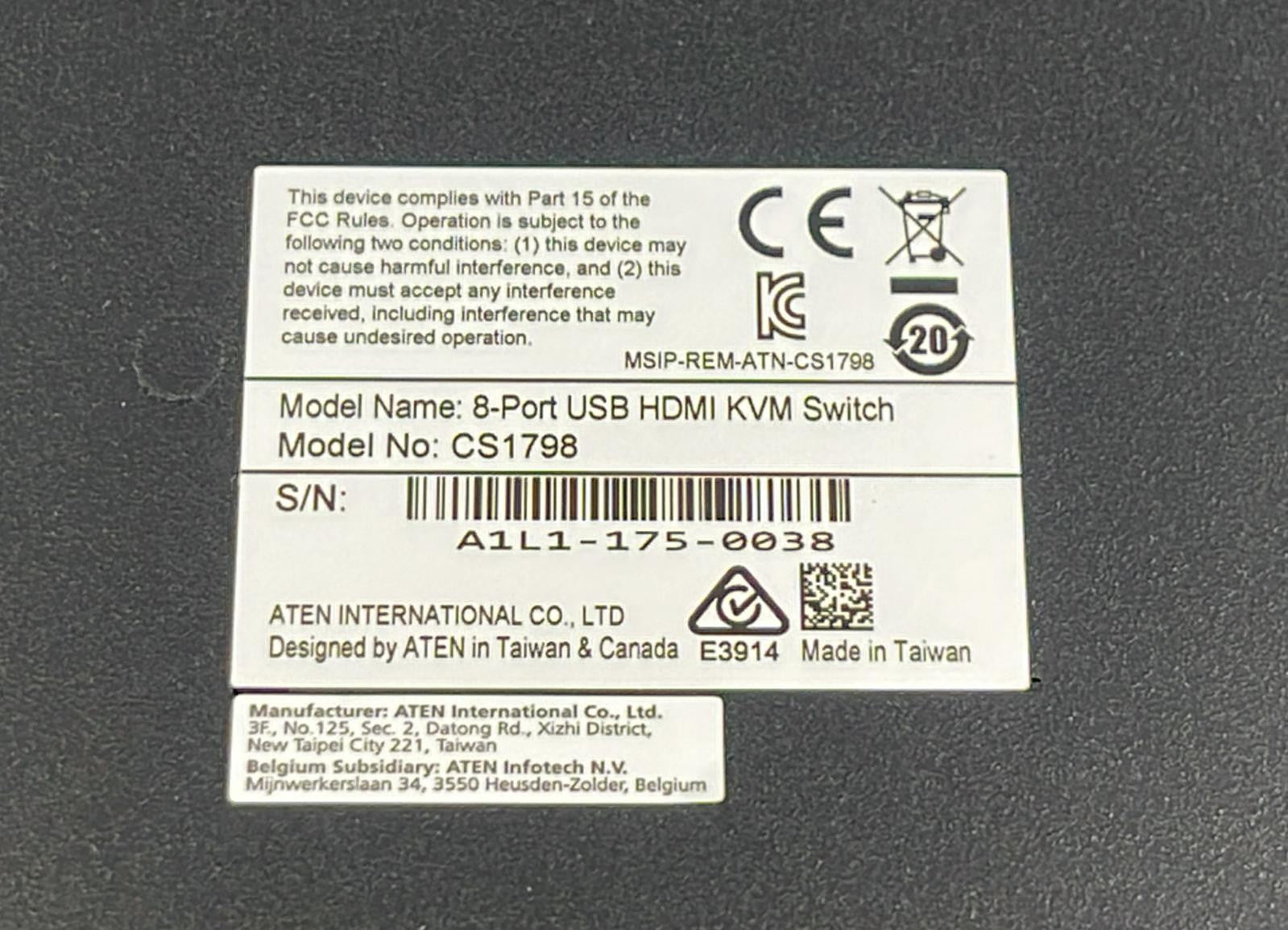 ATEN CS1798 compliance and serial label