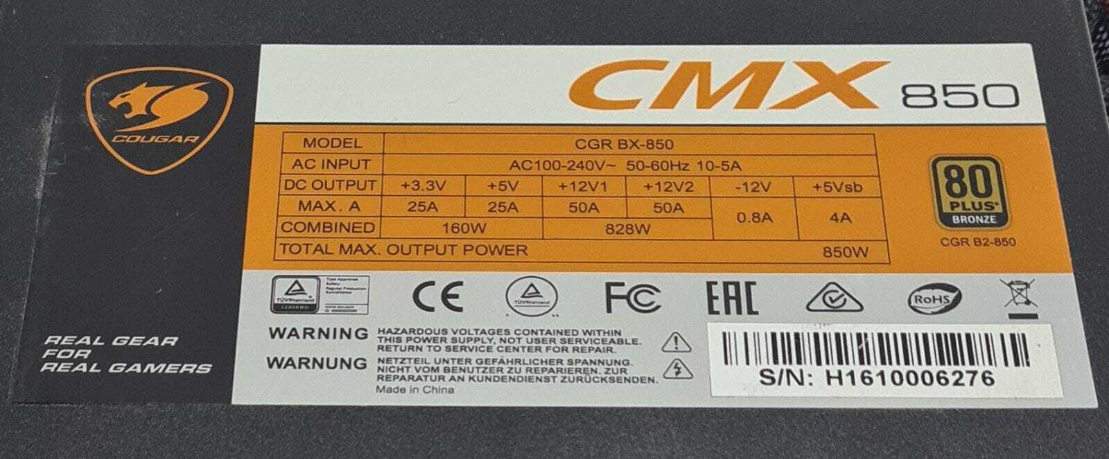 COUGAR CMX 850 CGR BX-850 Modular Power Supply 850W