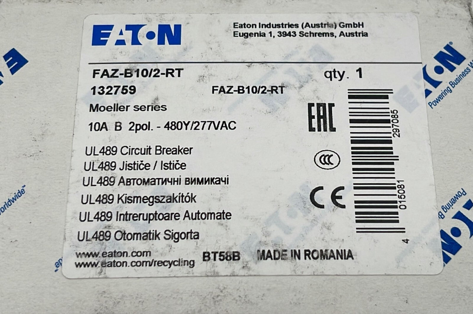 NEW - EATON FAZ-B10/2-RT 132759 Circuit Breaker 10A 2-Pole / Moeller Series