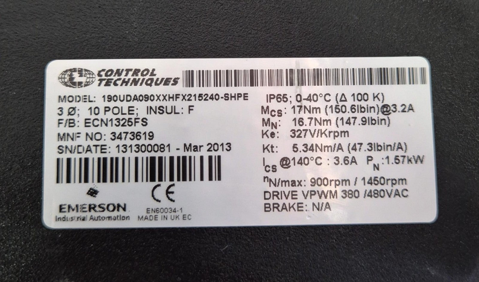 EMERSON 190UDA090XXHFX215240-SHPE Unimotor Servo Motor 10-POLE DRIVE VPWM