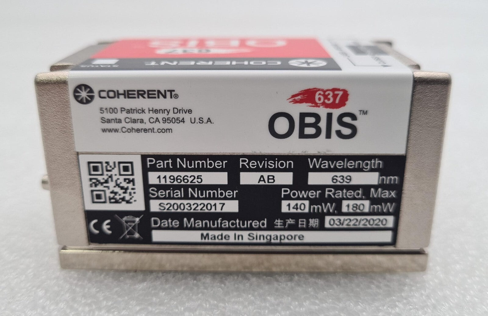 COHERENT OBIS 637 Laser Head 1196625 Rev. AB 639nm 140-180mW