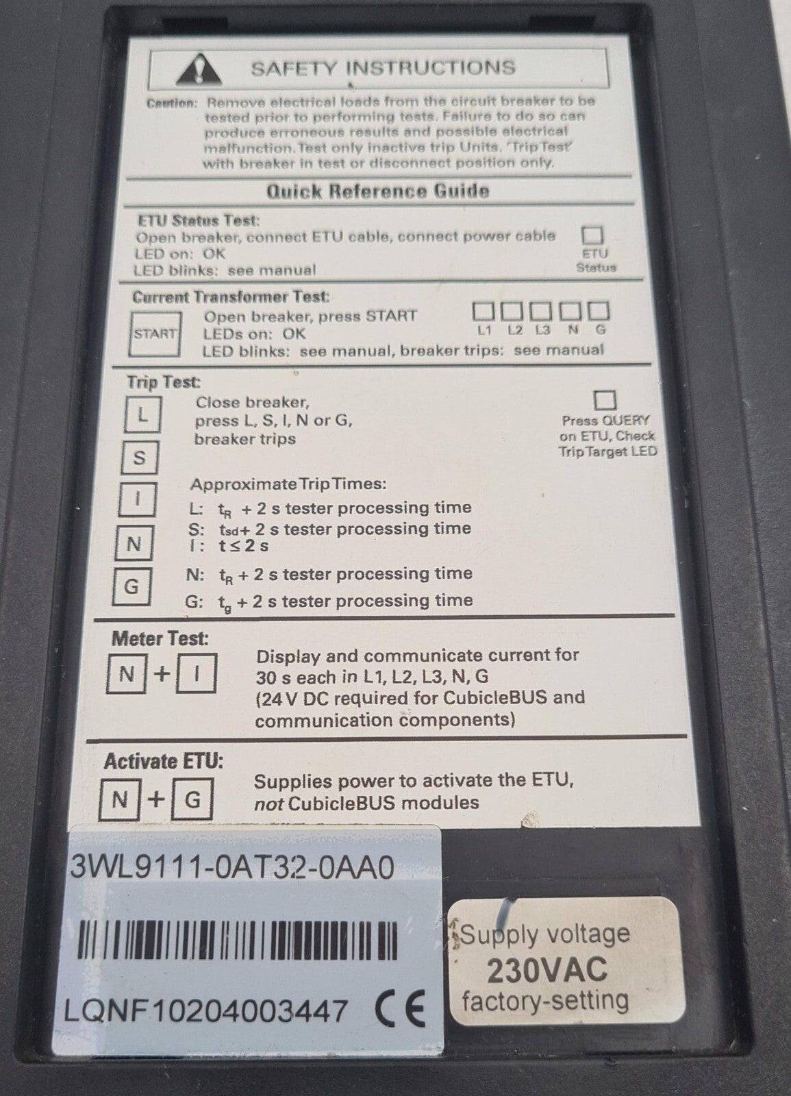 FOR PARTS - SIEMENS SENTRON WL Release 2 3WL9111-0AT32-0AA0 Test Device For ETU