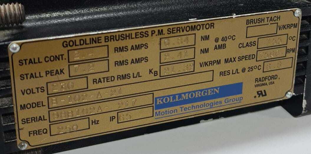 Kollmorgen B-102-A-21 Goldline Brushless P.M. Servomotor Servo Motor 7500Rpm