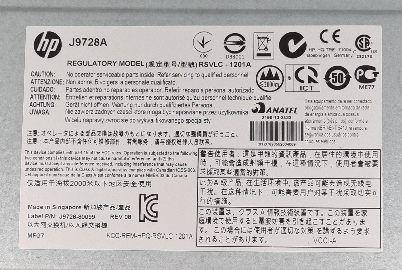 HP J9728A 2920-48G Regulatory RSVLC-1201A 48-Port Gigabit Ethernet Switch W/ PSU