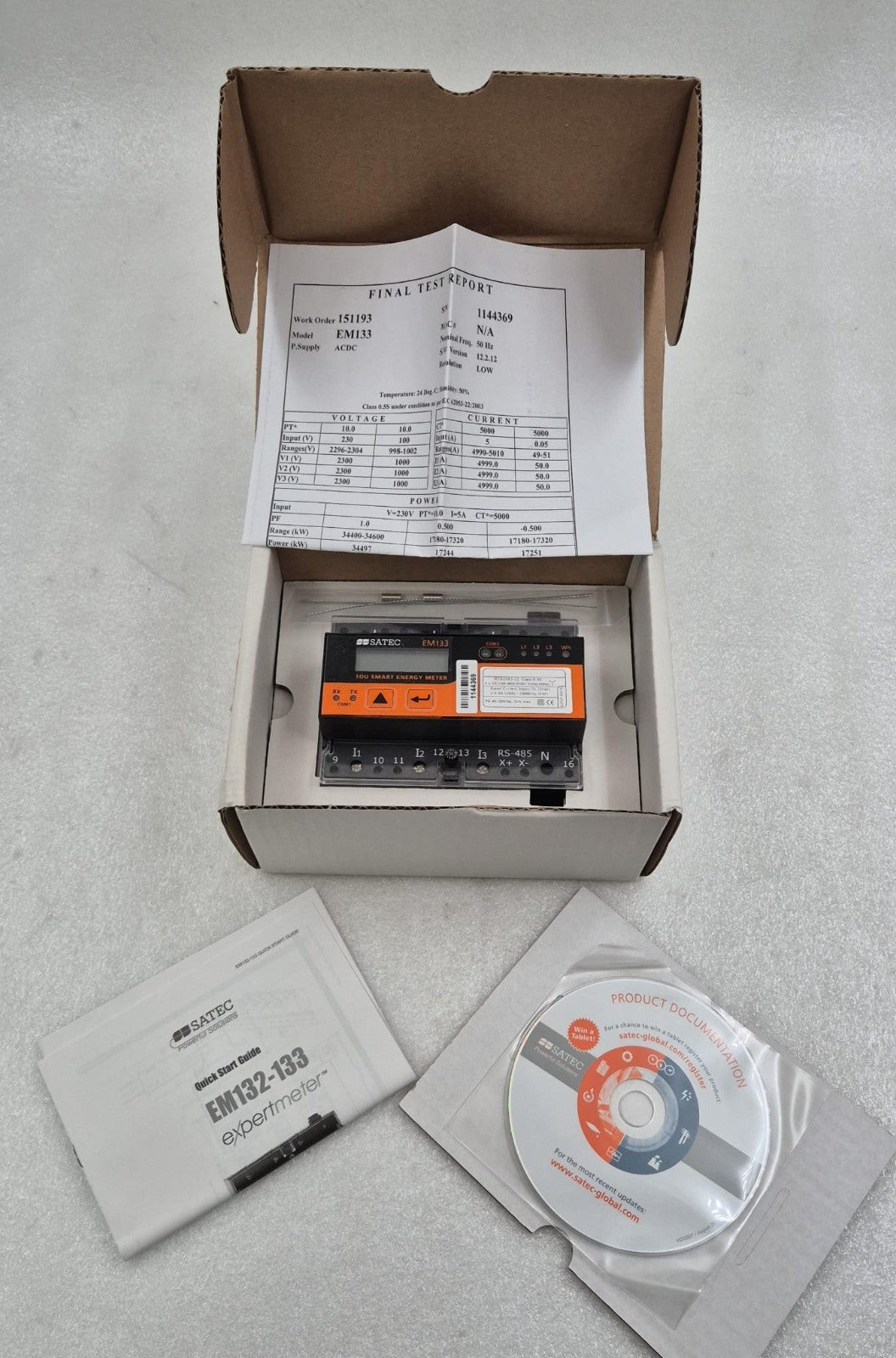 SATEC EM133 TOU smart energy meter kit with box and manuals
