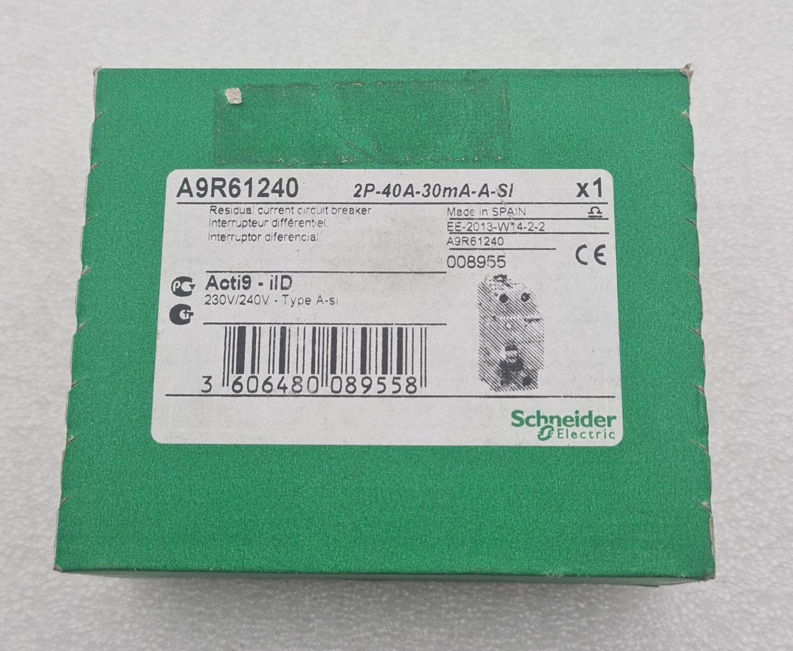 NEW - Schneider Electric Acti 9 iID A9R61240 Circuit Breaker 2P 40A 30mA A-SI