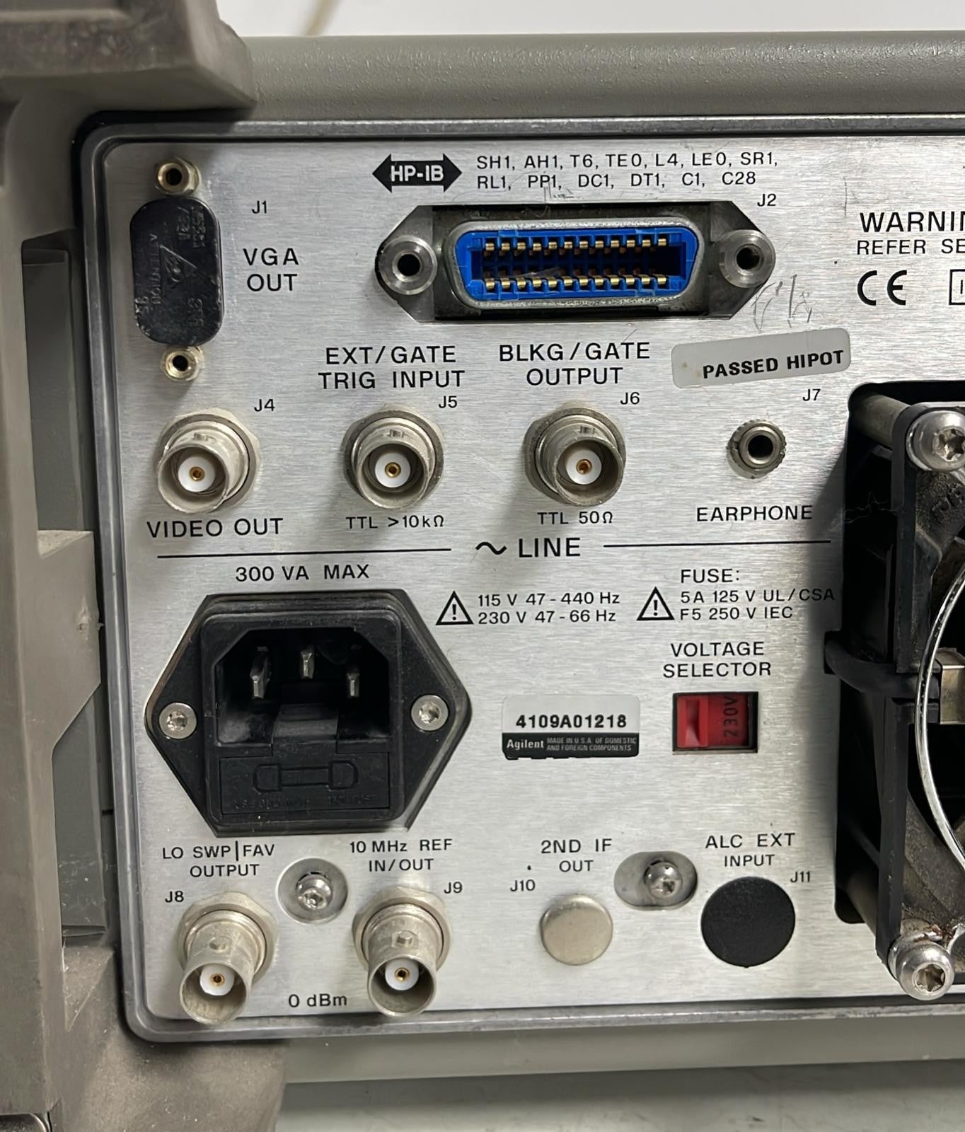 Agilent 8563EC spectrum analyzer close-up of rear connection ports