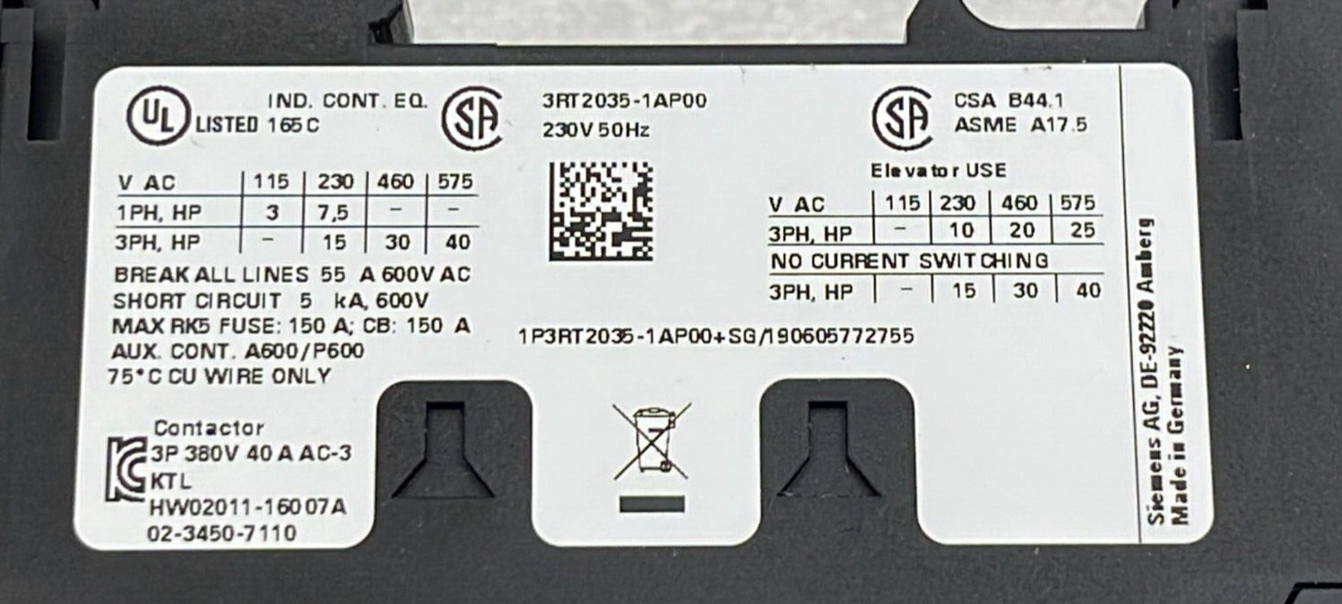 SIEMENS SIRIUS 3RT2035-1AP00 Relay Contactor 230V 50Hz