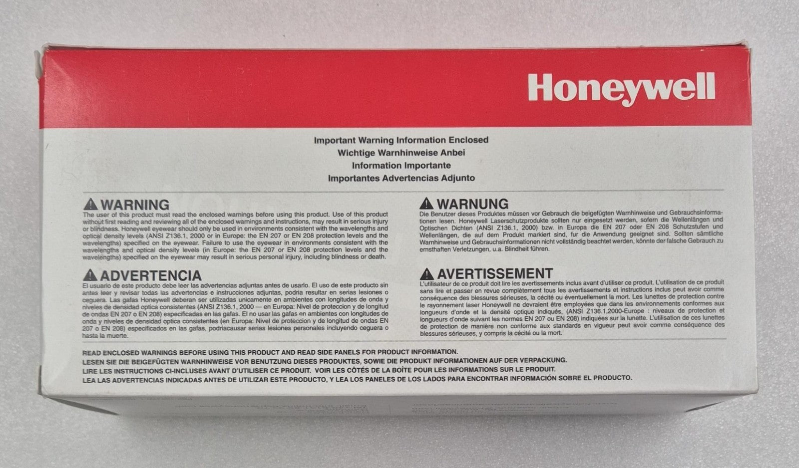 Honeywell laser protective eyewear product label view