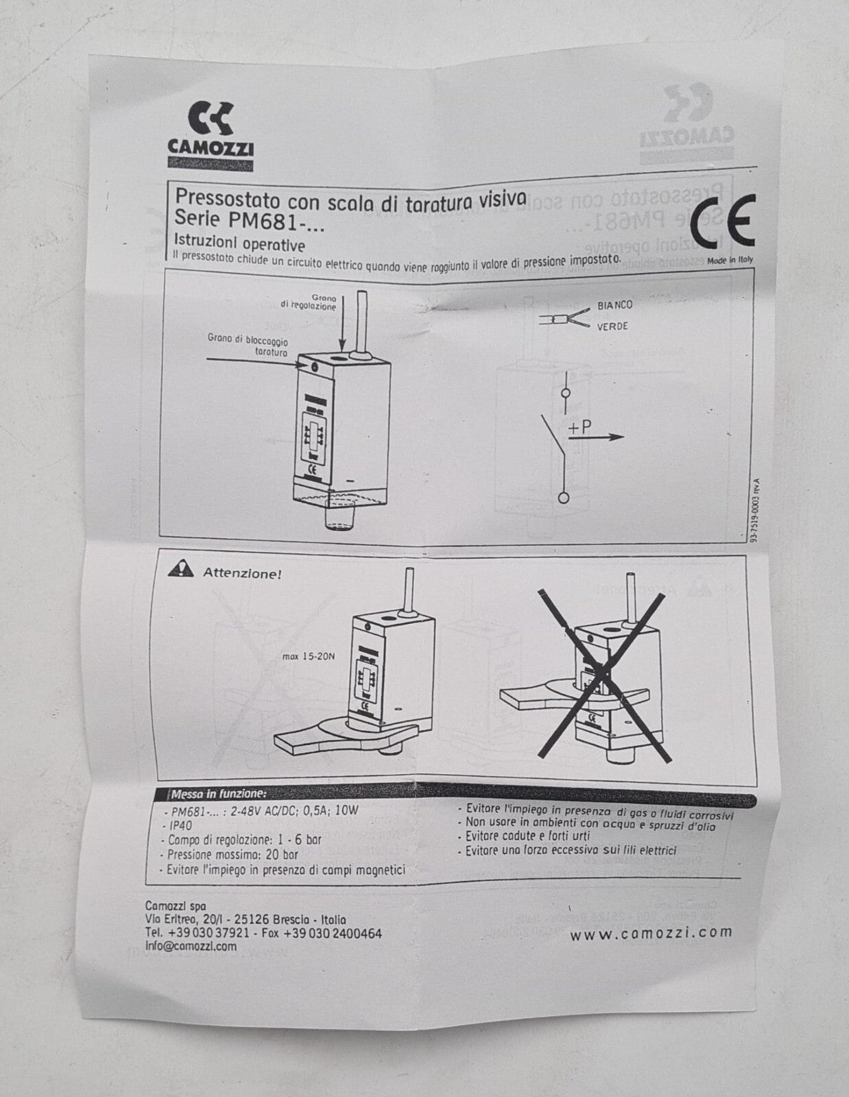 NEW - CAMOZZI PM681-1 Membrane Pressure Switch 30-7500-3016 PM681