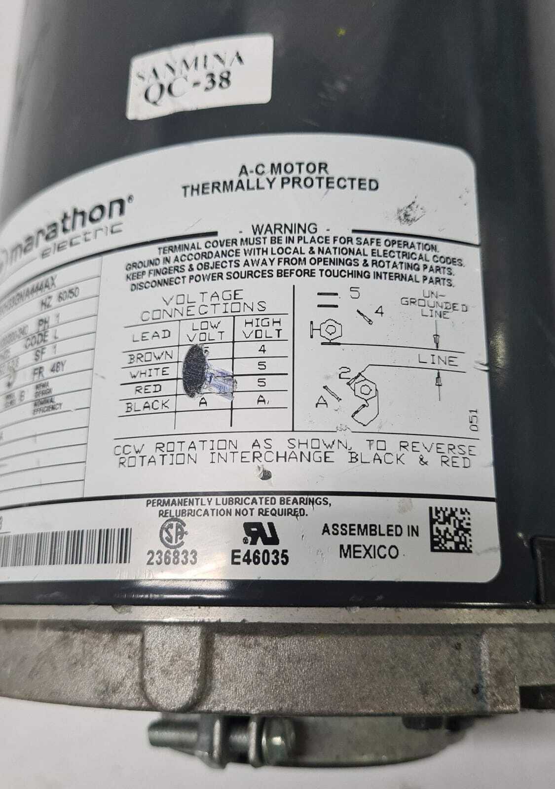 Marathon 5KH33GNA444AX 1/3 HP 1PH 6.4/3.2 AMPS AC Motor