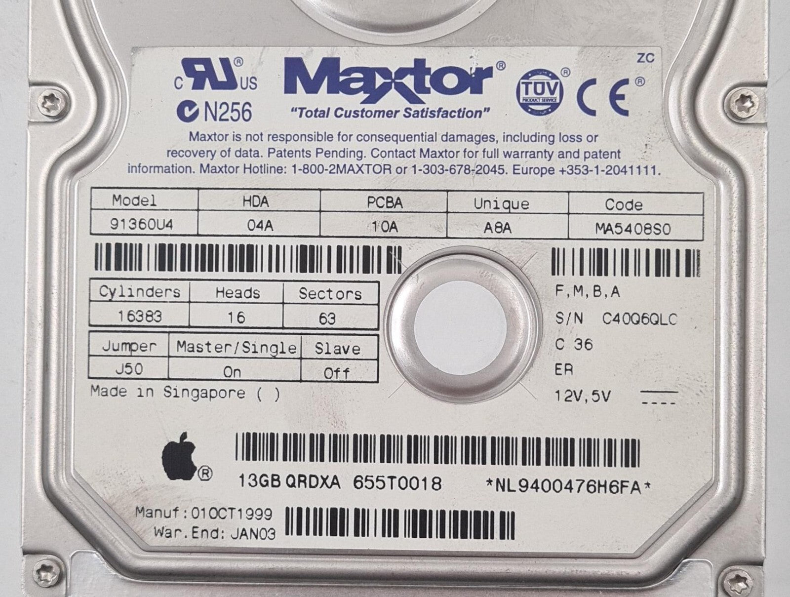 Maxtor 91360U4 Hard Drive HDA 04A A8A MA5408S0 Apple 13GB QRDXA 655T0018 3.5"