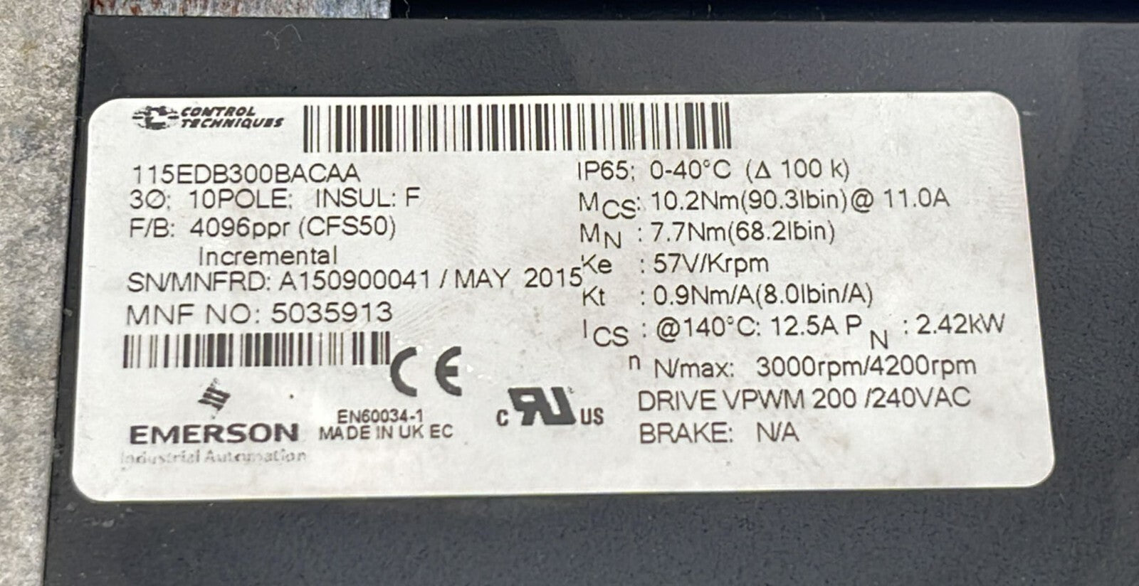 Emerson Control Unimotor 115EDB300BACAA Servo Motor