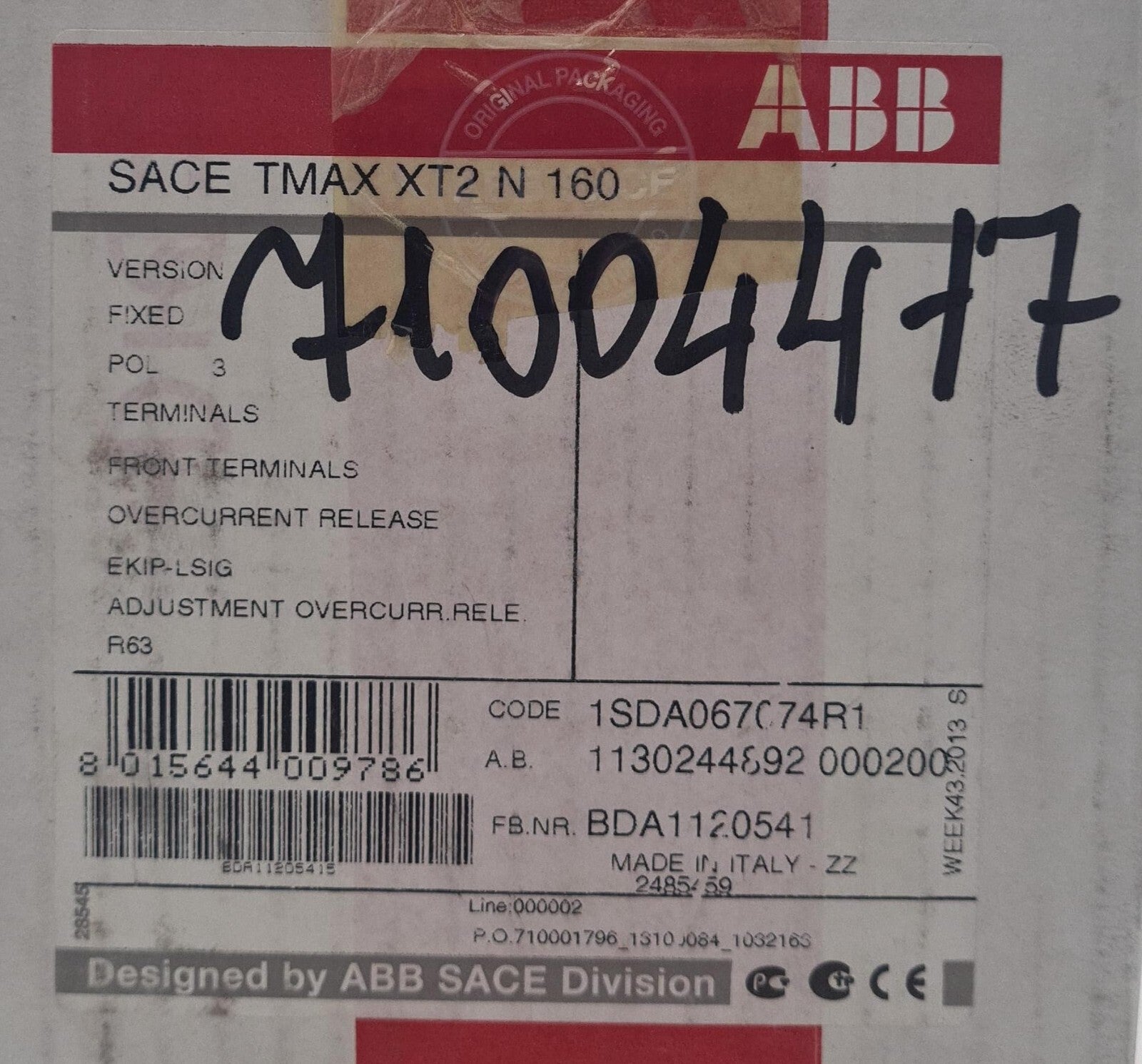 NEW SEALED - ABB SACE TMAX XT2 N 160 1SDA067074R1 Circuit Breaker 3-Pole