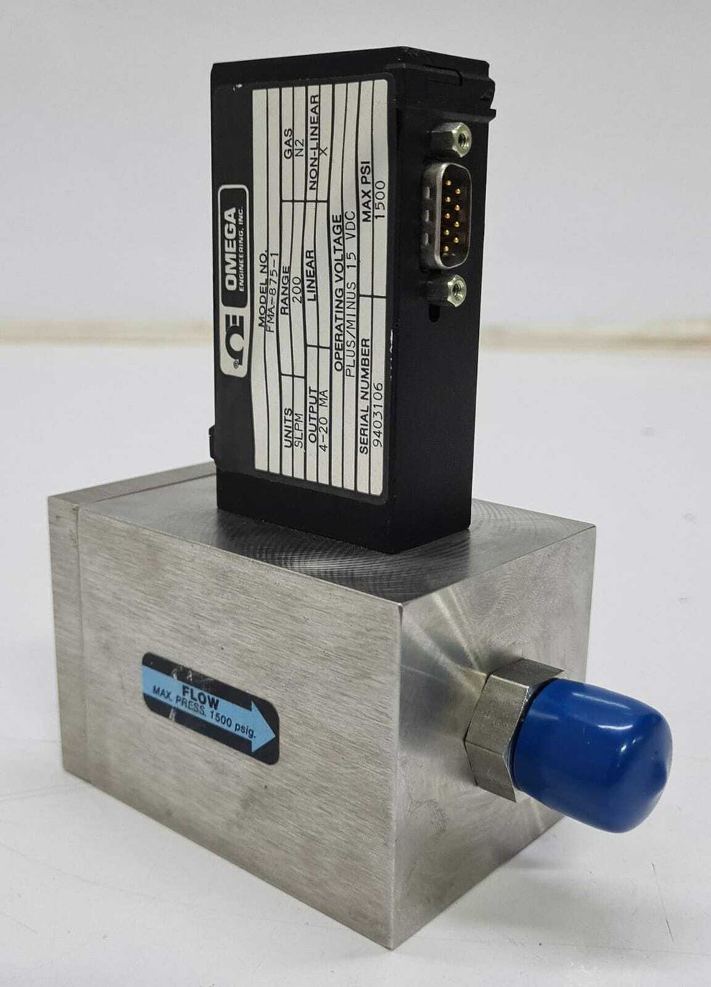 OMEGA FMA-875-1 Gas N2 Range 200 1500 PSI 15 VDC Mass Flow meter Control Valve
