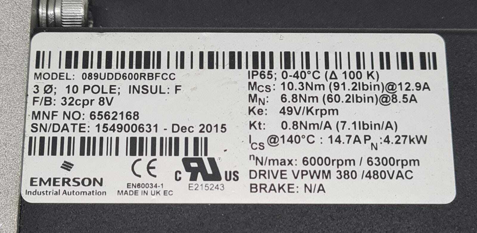 Emerson Automation 089UDD600RBFCC 6561268 Unimotor W/ Apex Dynamics ABR090-S1-P2