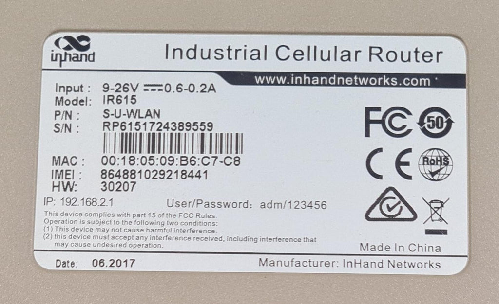 INHAND Networks Industrial Cellular Router IR615 S-U-WLAN 3G/4G WiFi Single SIM