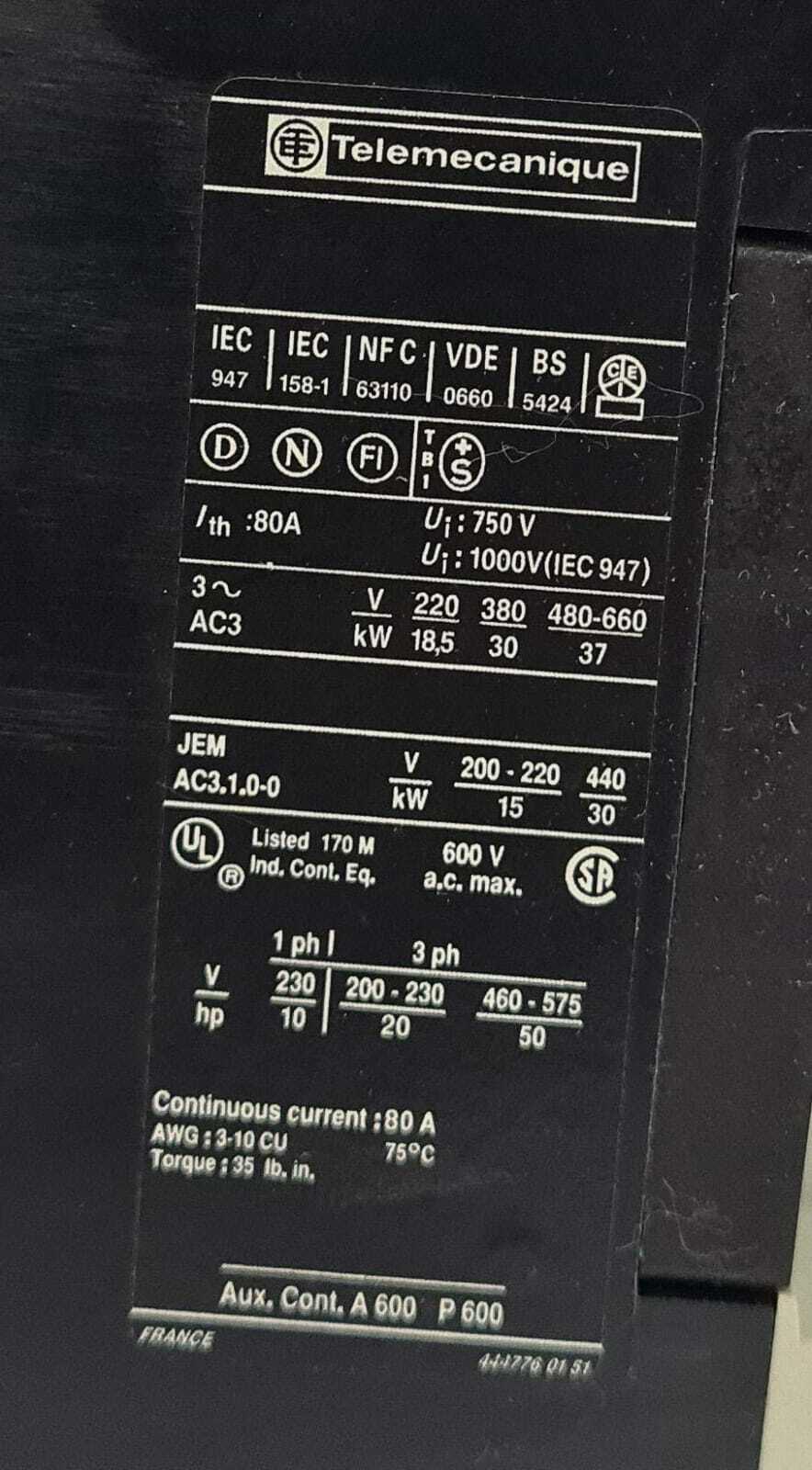 Telemecanique Contactor LC1 D6511U5 240V 50HZ