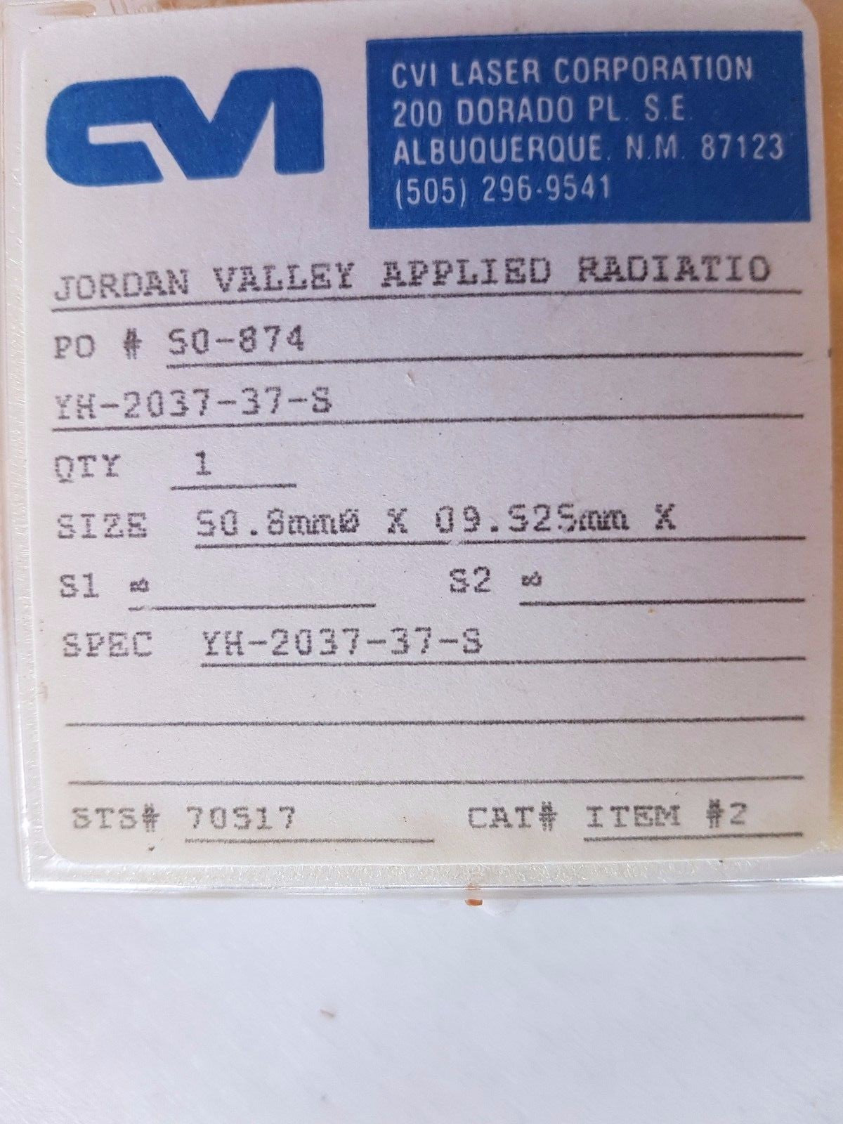 Cvi Dual Wavelength Mirrors Yh 2037 37 S 50.8 mm X 09.525 mm P.O 50 874