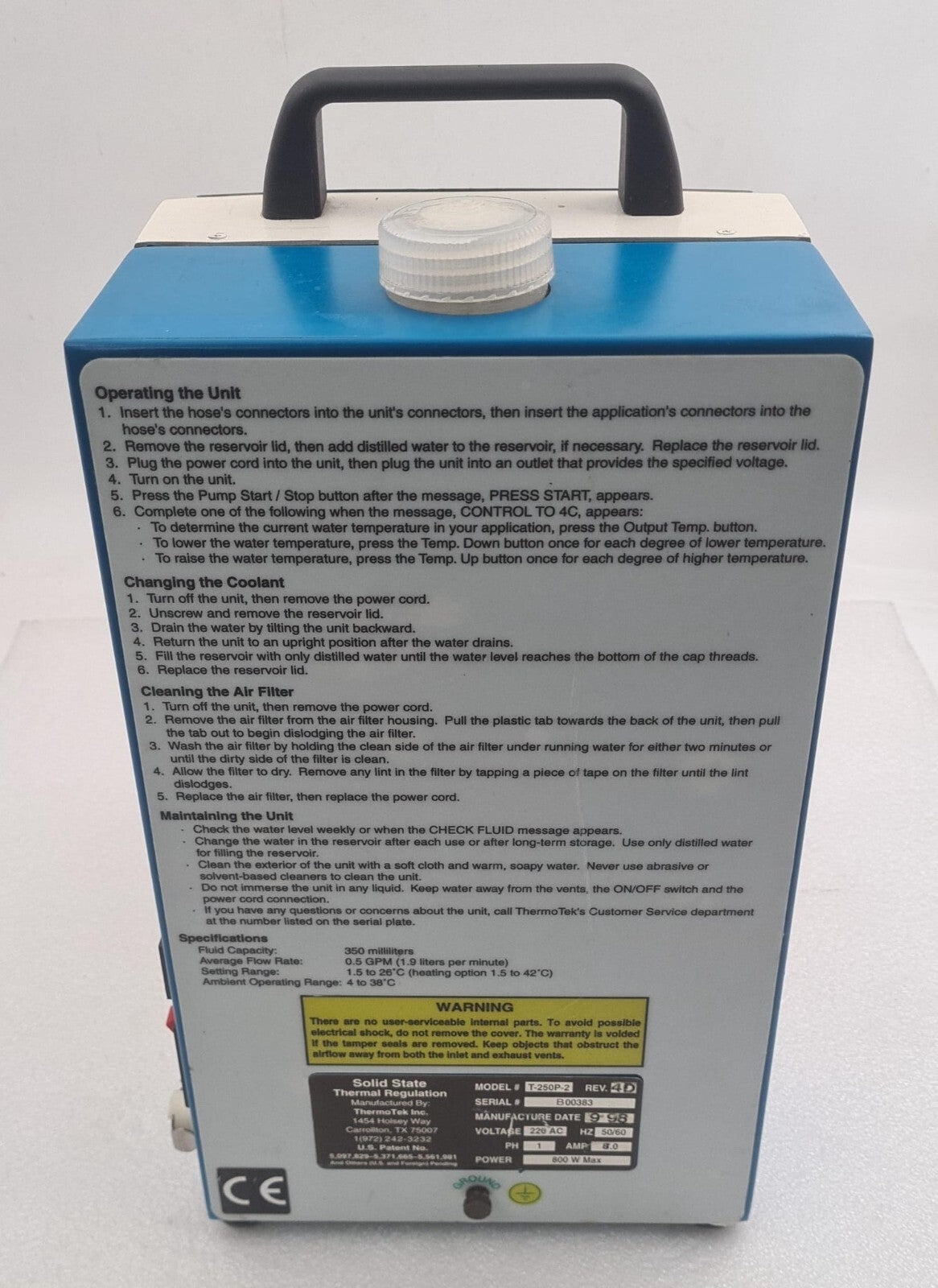 ThermoTek T-250P-2 Solid State Thermal Regulation 220V 800W 97ee Temp Chiller