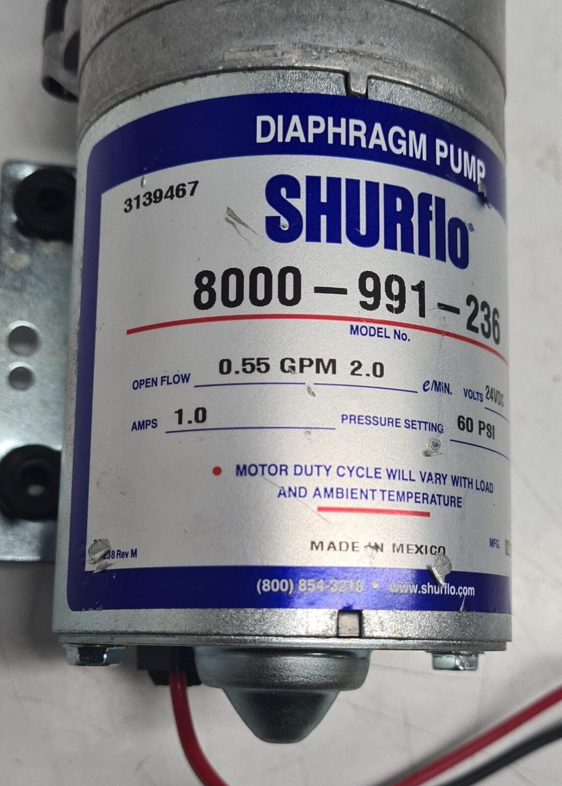 SHURflo 8000-991-236 Diaphragm Pump 3 Chamber 0.55GPM 24VDC 1A 60PSI