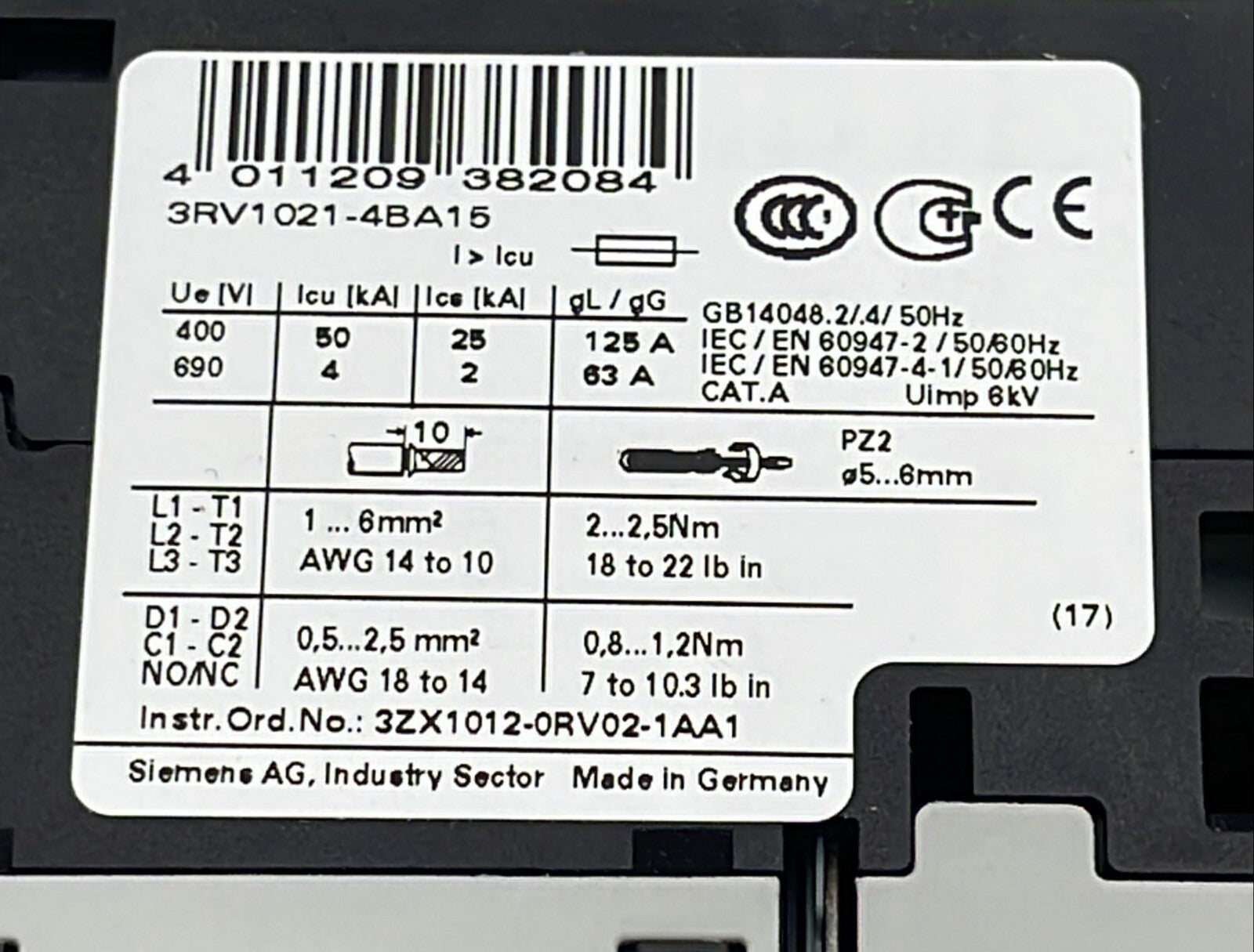 Siemens 3RV1021-4BA15 Circuit breaker 14-20A 1NO + 1NC