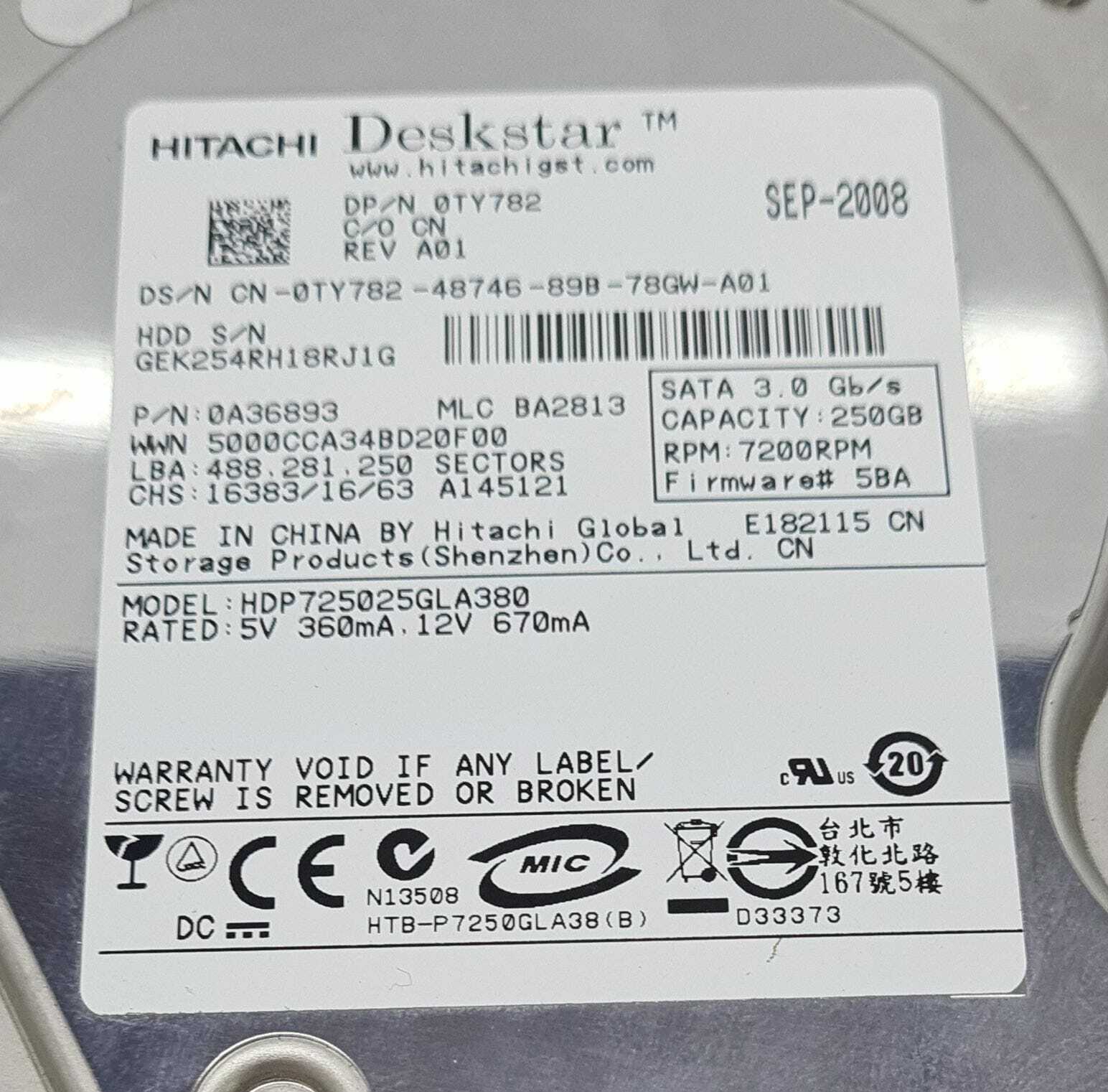 Hitachi Deskstar HDP725025GLA380 0TY782 Internal 250GB 7200RPM