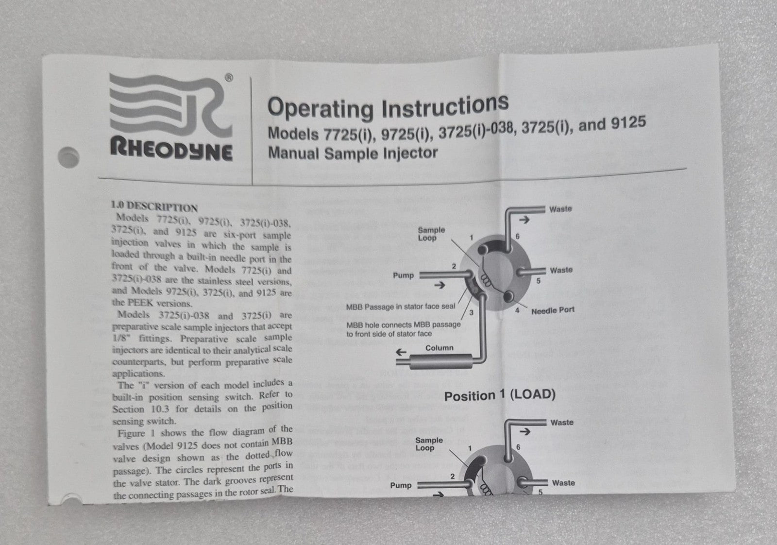 RHEODYNE operating instructions leaflet for sample injector