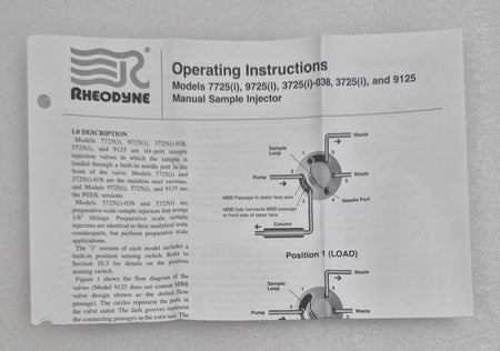 RHEODYNE operating instructions leaflet for sample injector