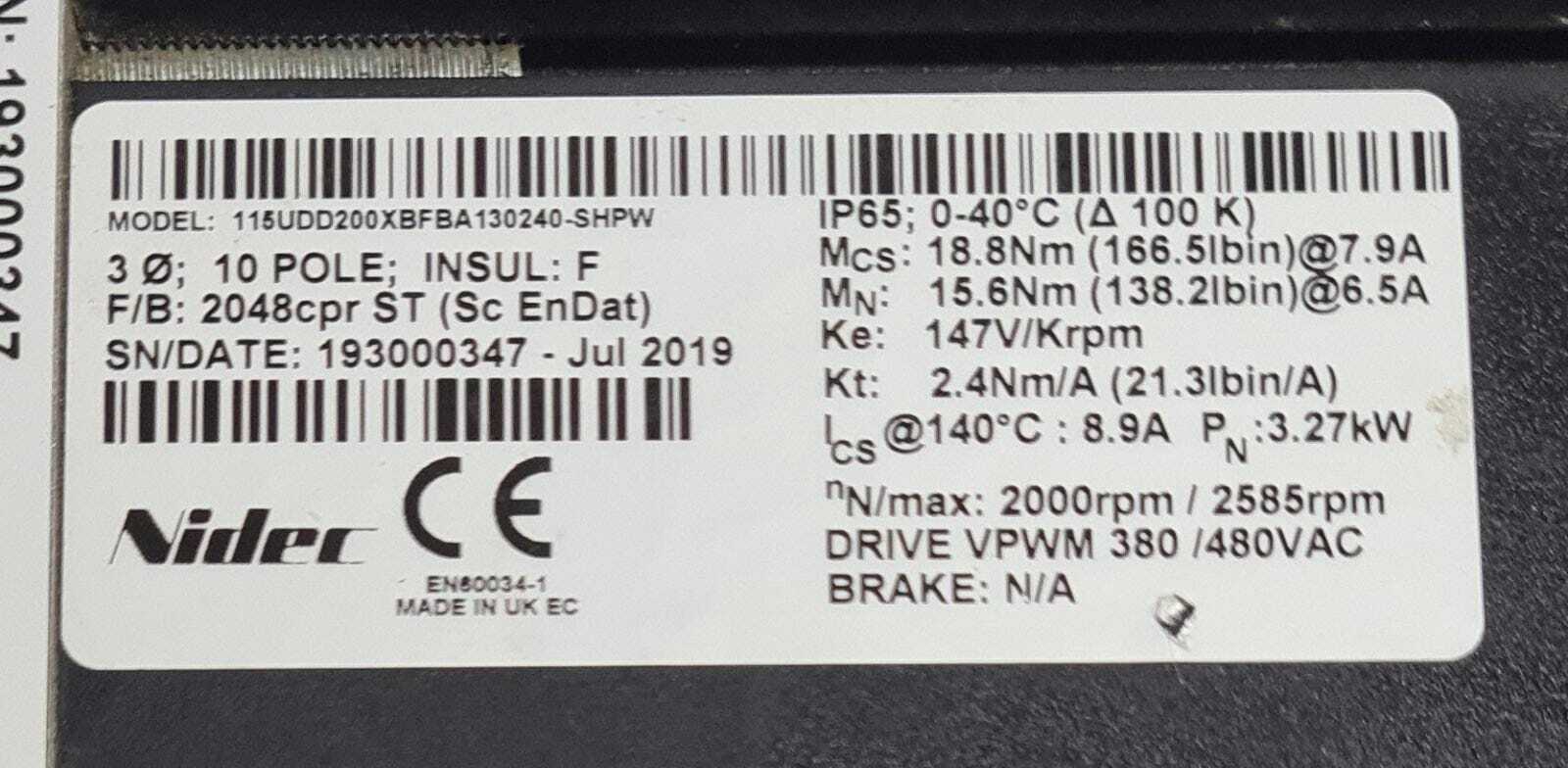 Emerson Control Unimotor 115UDD200XBFBA130240-SHPW Servo Motor 380/480 VAC