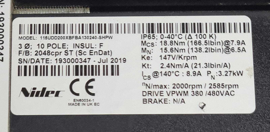 Emerson Control Unimotor 115UDD200XBFBA130240-SHPW Servo Motor 380/480 VAC