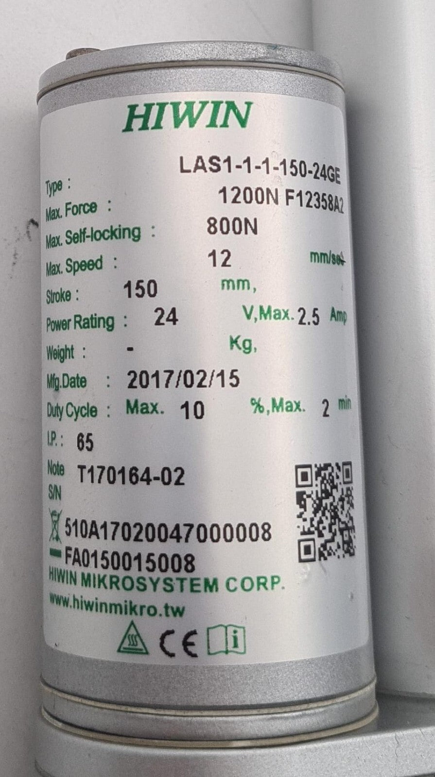 HIWIN Mikrosystem LAS1-1-1-150-24GE 1200N F12358A2 Linear Actuator