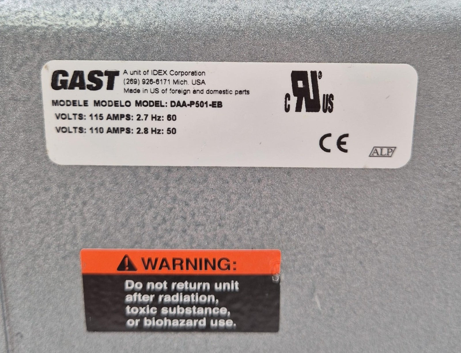 GAST DAA-P501-EB Oilless Diaphragm Vacuum Pump 110-115 Volts 2.7-2.8 Amps 560 HZ