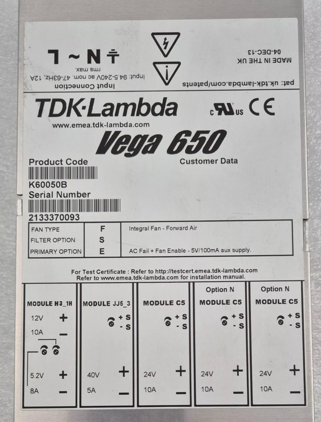 TDK LAMBDA Vega 650 K60050B Power Supply