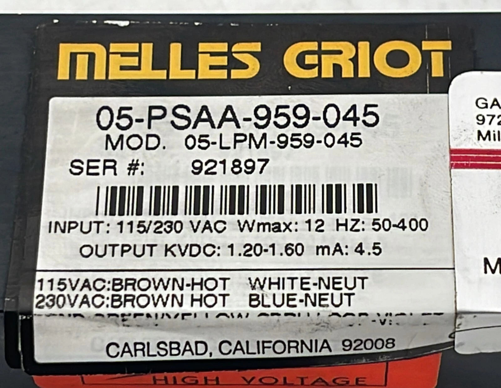 Melles Griot 05-PSAA-959-045 Laser Power Supply