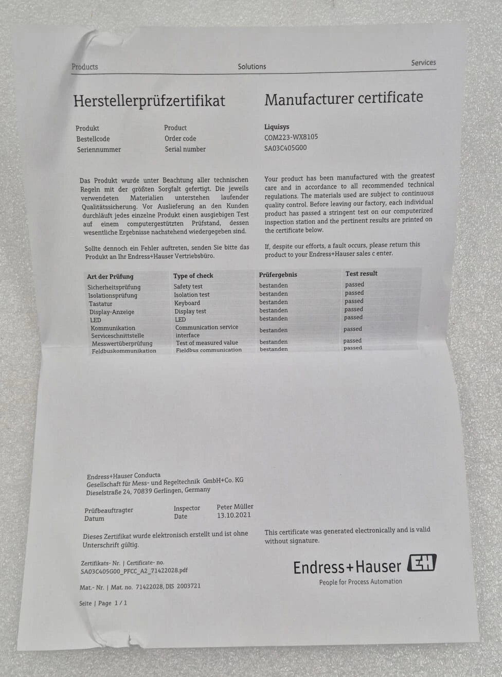 Endress+Hauser Liquisys M COM223-WX8105 Diss Oxygen level monitoring Transmitter