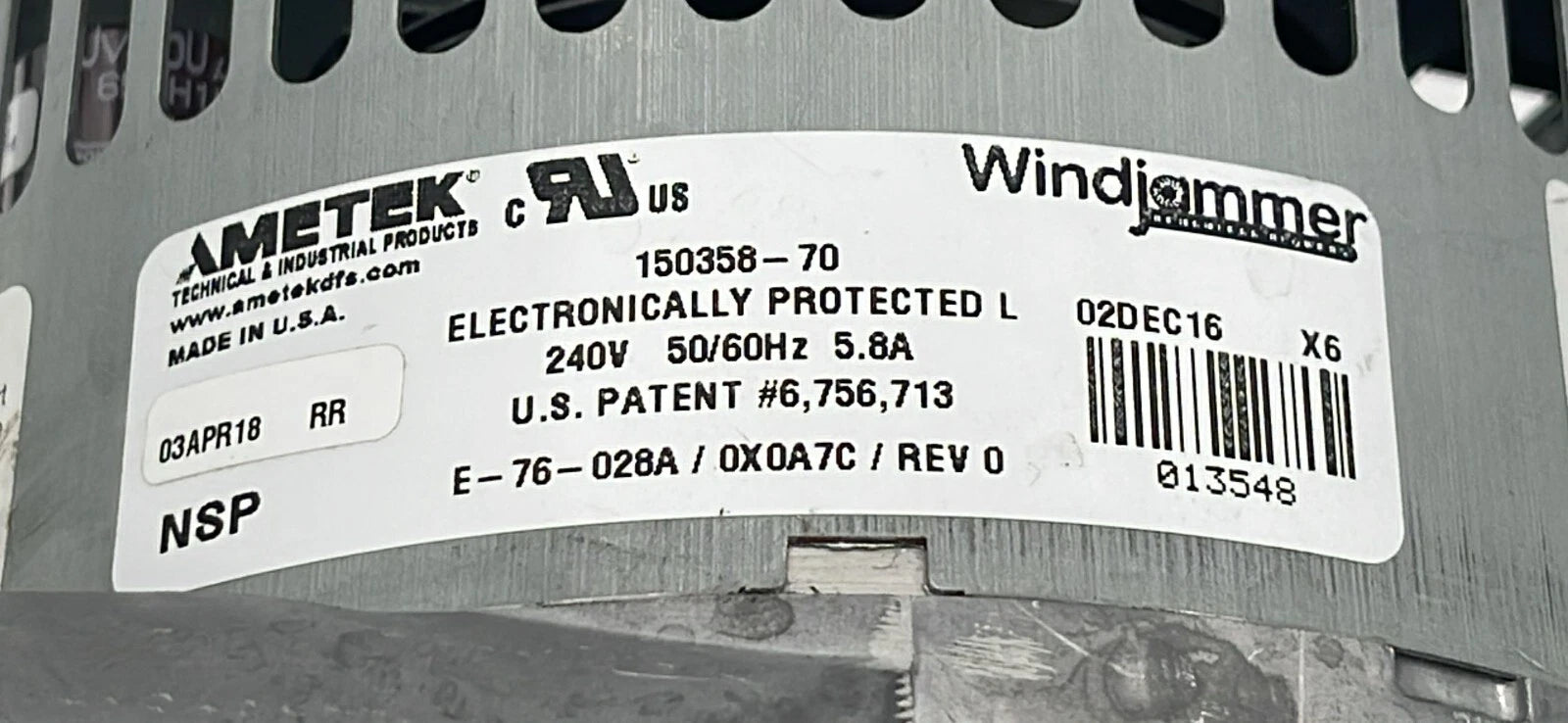 AMETEK Windjammer Brushless Blower 150358-70 Thermally Protected