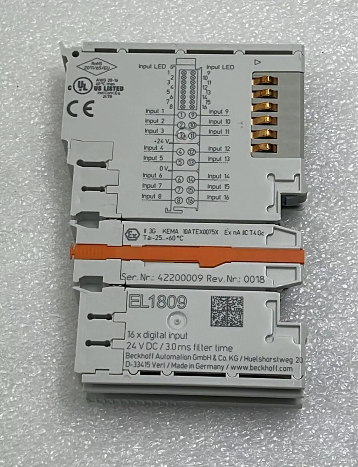 [LOT 3 PCS] Beckhoff EL1809 EtherCAT 16-Channel Digital Output Terminal Module