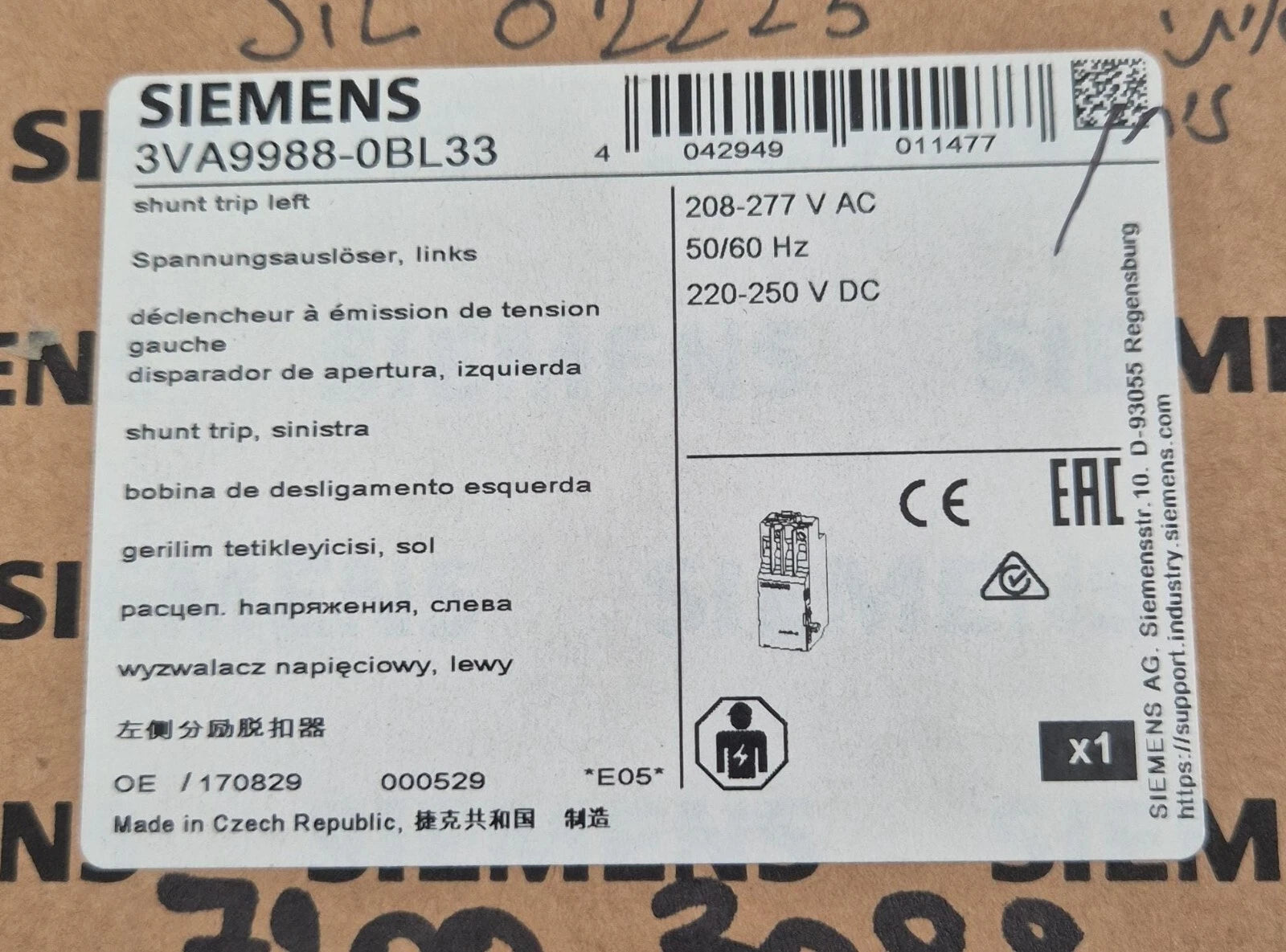 *NEW* SIEMENS STL 3VA9988-0BL33 Shunt Trip Left Circuit Breaker Release