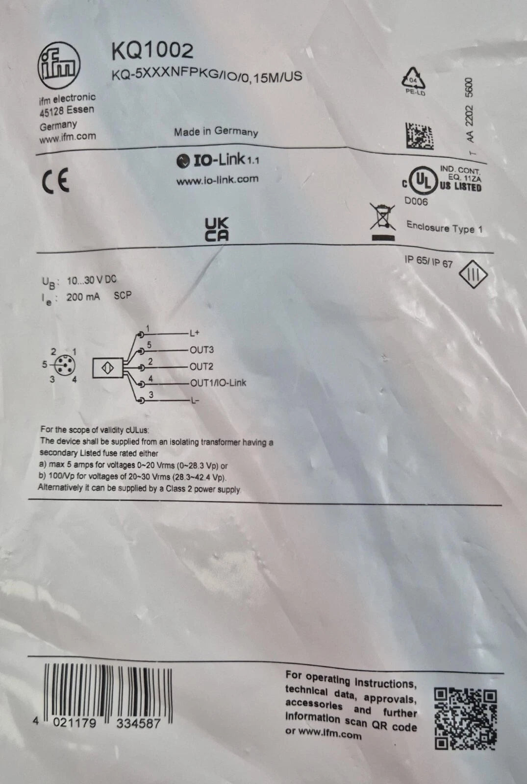NEW SEALED IFM KQ1002 Continuous level sensor KQ-5XXXNFPKG/IO/0,15M/US IO-Link