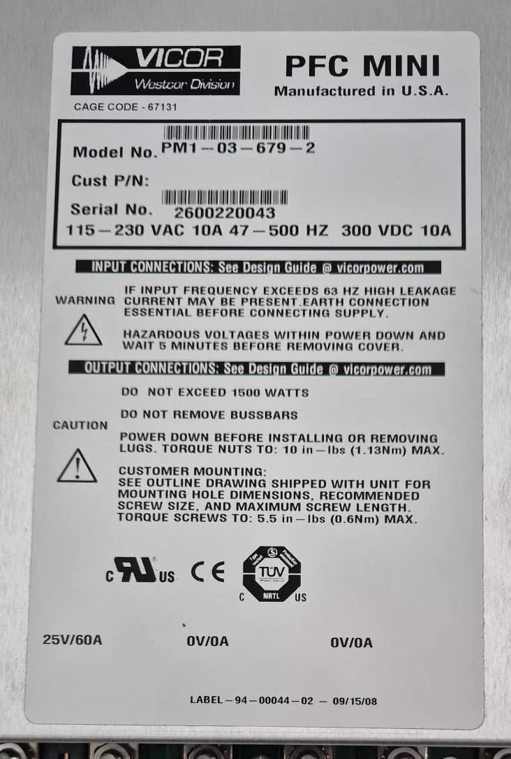 VICOR PFC MINI PM1-03-679-2 Power Supply 115-230VAC 10A
