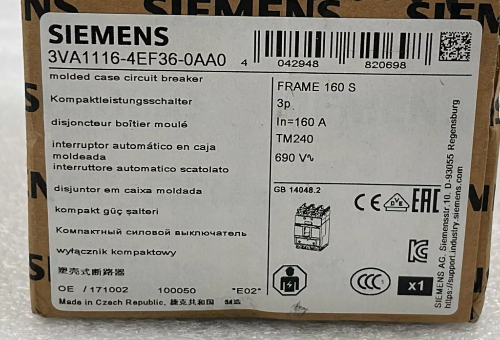 *NEW* Siemens 3VA1116-4EF36-0AA0 Molded Case Circuit Breaker FRAME 160 S