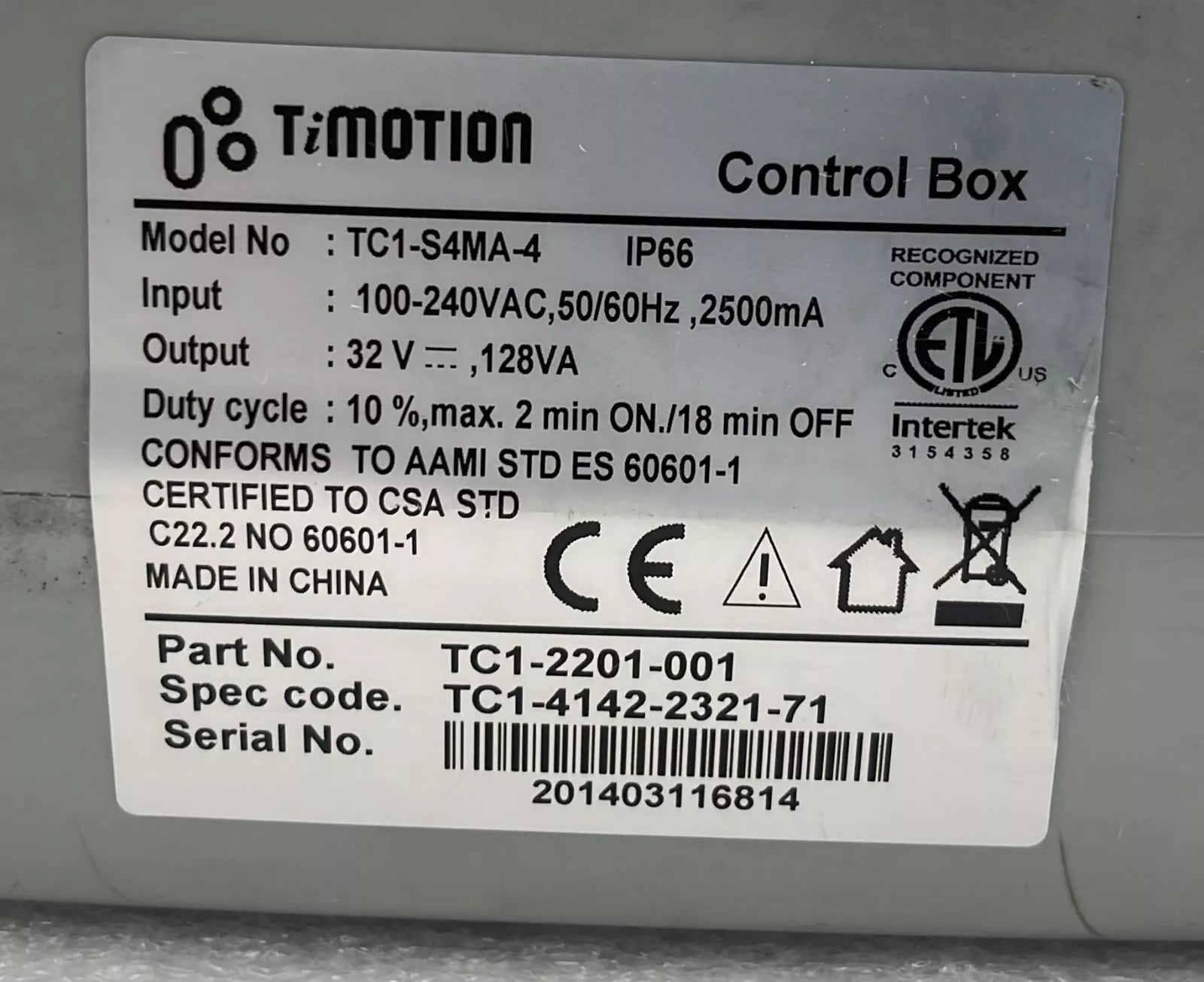 TIMOTION TC1-S4MA-4 Control Box TC1-2201-001 **AS IS