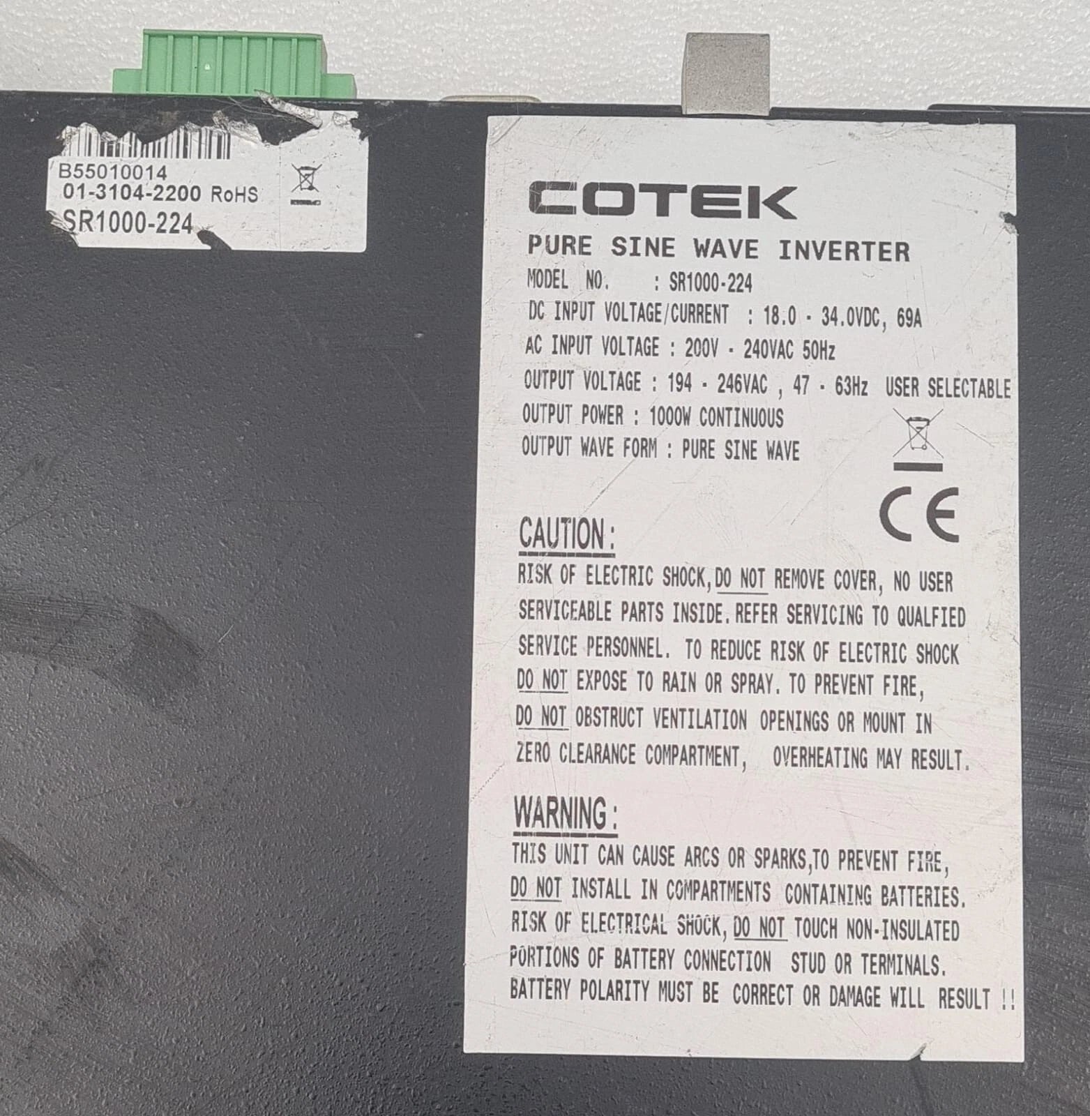 COTEK SR1000-224 Pure Sine Wave Inverter 1000W 200-240VAC