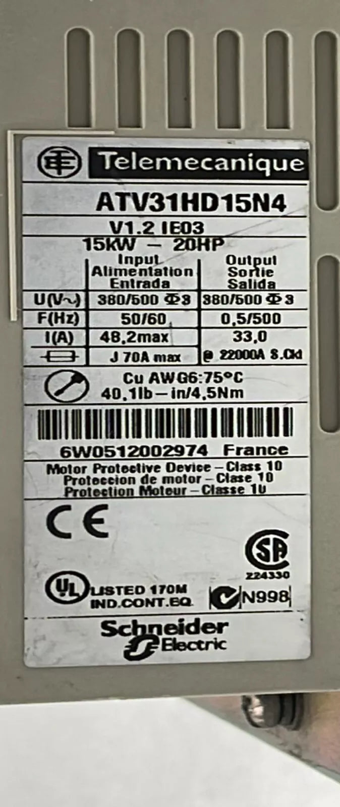 Schneider Telemecanique Altivar 31 ATV31HD15N4 V1.2 IE03 15kW 20HP Drive