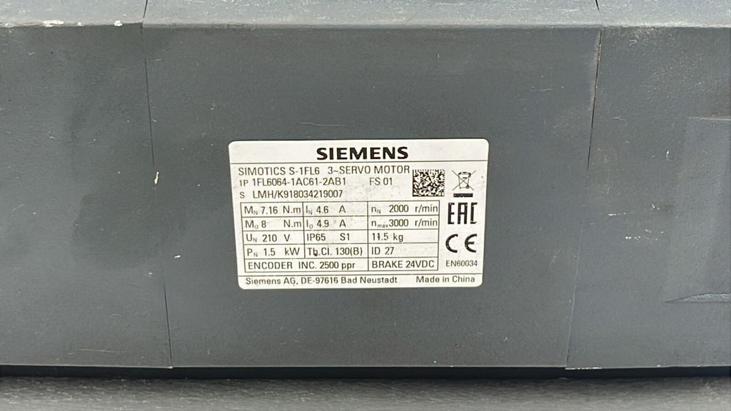 Siemens S-1FL6 3-Servo Motor 1FL6064-1AC61-2AB1 2500-RPM 24-VDC