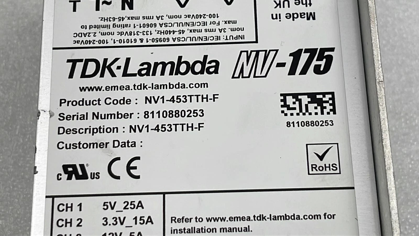 TDK lambda NV-175 Power Supply NV1-453TTH-F